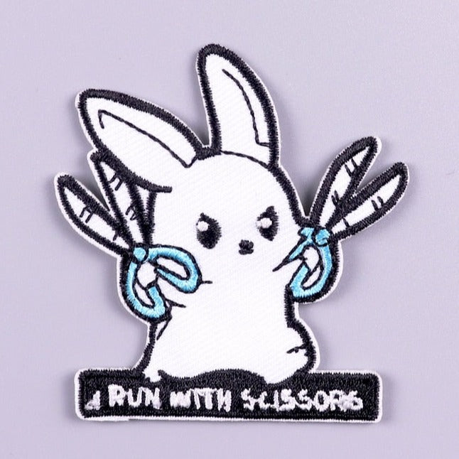Rabbit 'I Run With Scissors' Embroidered Velcro Patch