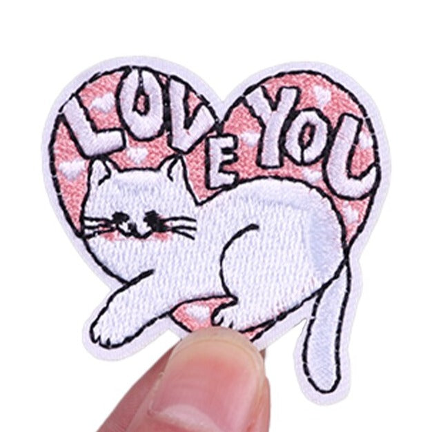 Cute Cat 'White | Love You | Heart' Embroidered Velcro Patch