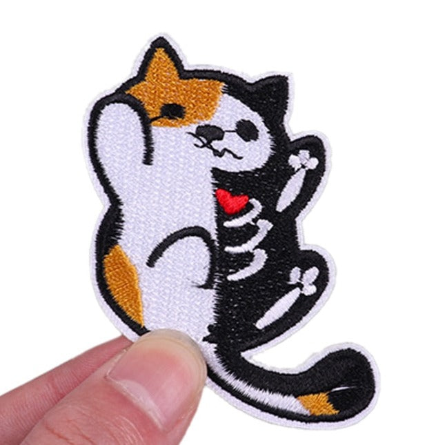 Cat 'Half Skeleton' Embroidered Velcro Patch