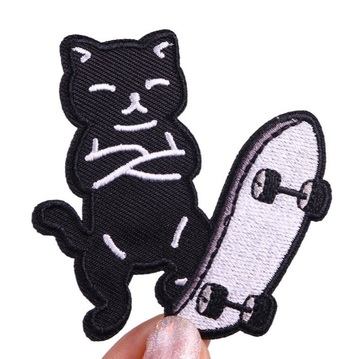 Cool 'Black Cat With Skateboard' Embroidered Patch