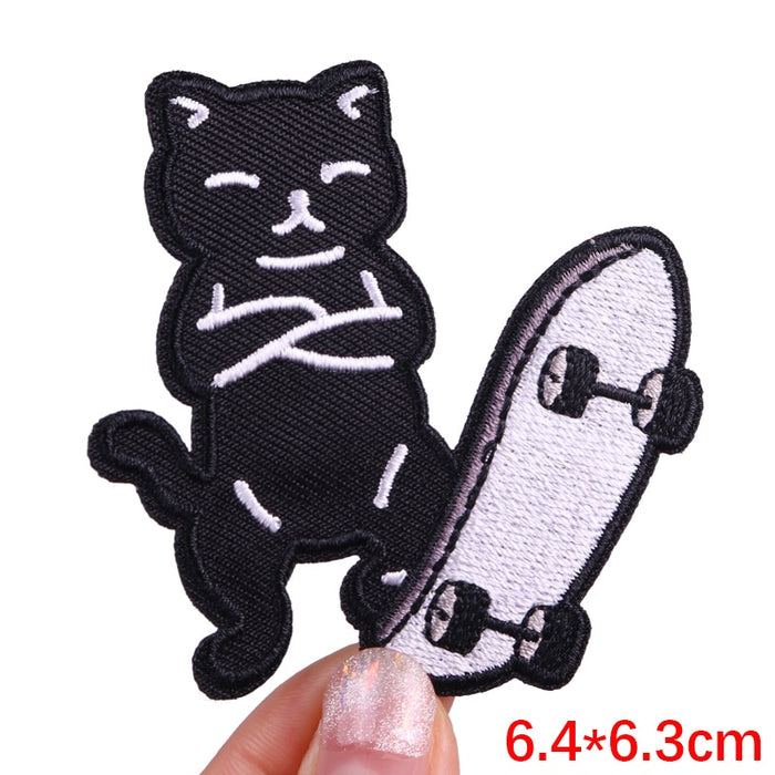 Cool 'Black Cat With Skateboard' Embroidered Patch