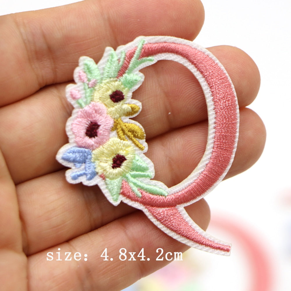 Cute 'Pink Letter Q | Flowers' Embroidered Patch