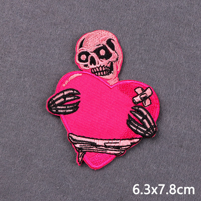 Skeleton 'Hugging Pink Heart' Embroidered Patch