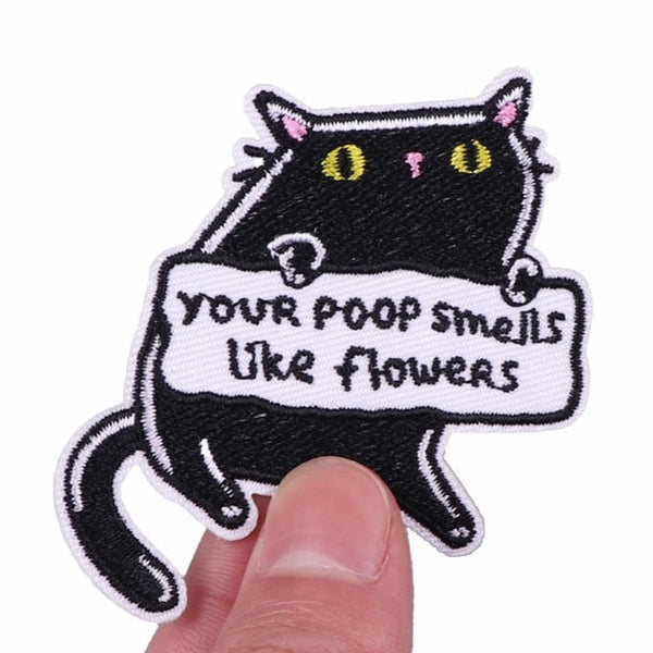 Black Cat 'Your Poop Smells Like Flowers' Embroidered Velcro Patch