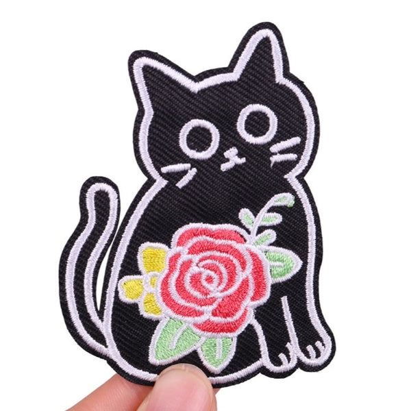 Black Cat 'Flowers' Embroidered Patch