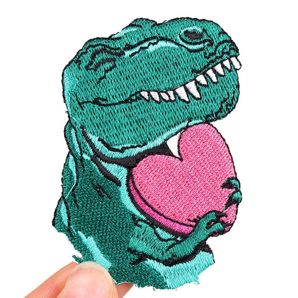 Dinosaur 'Holding Pink Heart' Embroidered Patch