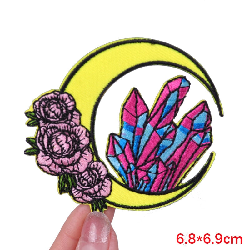 Crescent Moon 'Crystals And Roses' Embroidered Patch
