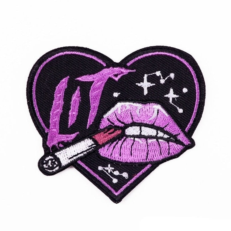 Heart Shaped 'Lit | Purple Lips And Cigarette' Embroidered Patch