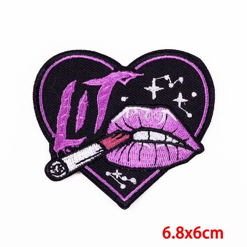 Heart Shaped 'Lit | Purple Lips And Cigarette' Embroidered Patch