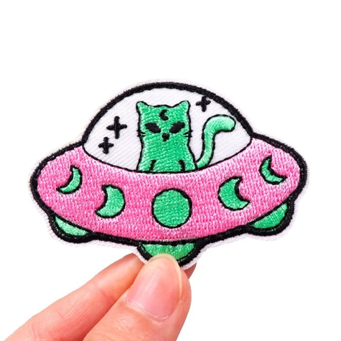 Alien Cat 'Riding UFO' Embroidered Patch