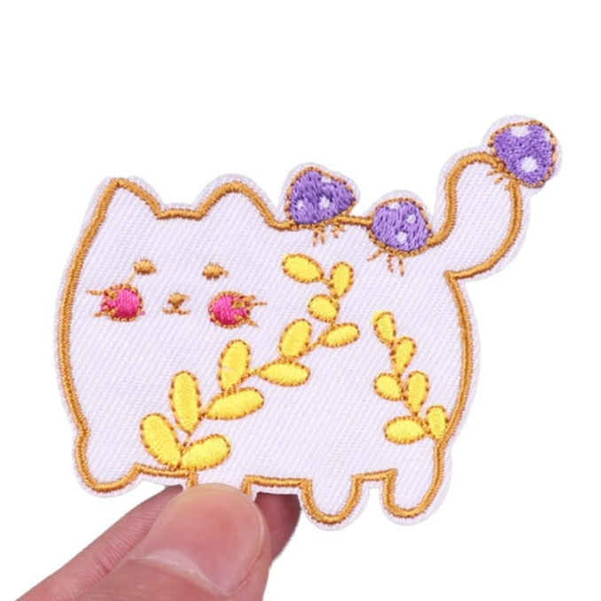 Cute 'White Cat | Purple Mushrooms' Embroidered Velcro Patch