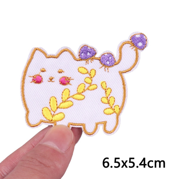 Cute 'White Cat | Purple Mushrooms' Embroidered Velcro Patch