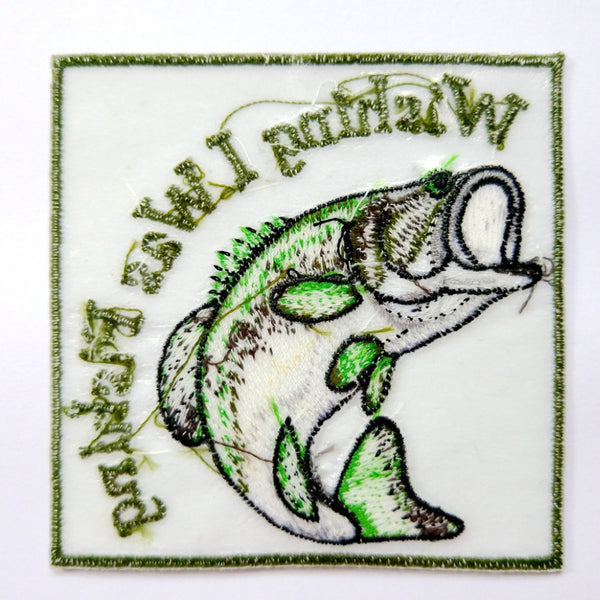 Green Fish 3" 'Wishing I Was Fishing' Embroidered Patch Set