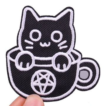 Cute 'Black Cat In Pentagram Cup' Embroidered Patch