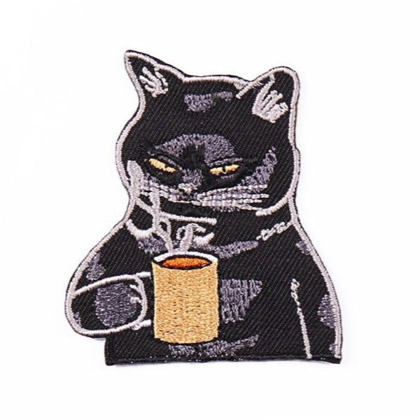 Black Cat 'Drinking Coffee' Embroidered Patch