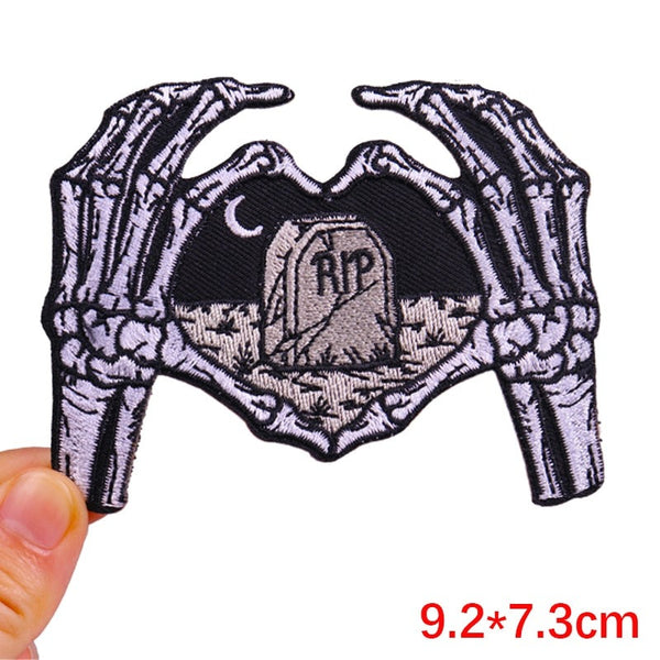 Skeleton Hands Heart 'RIP Tombstone' Embroidered Patch