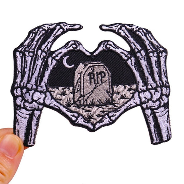 Skeleton Hands Heart 'RIP Tombstone' Embroidered Patch