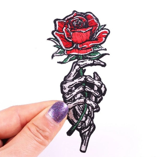 Skull 'Skeleton Hand | Holding A Rose' Embroidered Patch