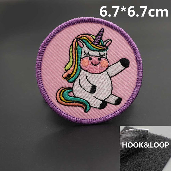 Unicorn 'Sitting | Raising Hand | Round' Embroidered Velcro Patch