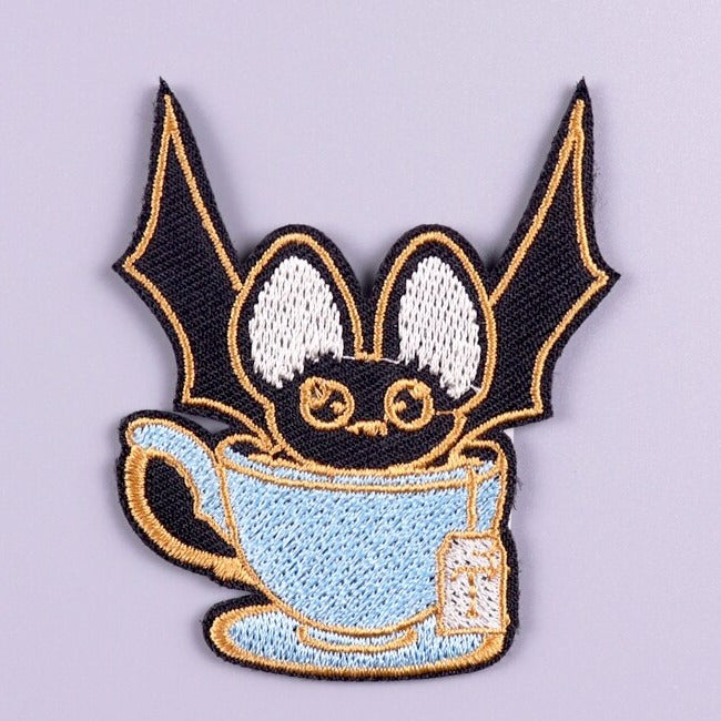 Cute 'Bat In A Tea Cup' Embroidered Velcro Patch