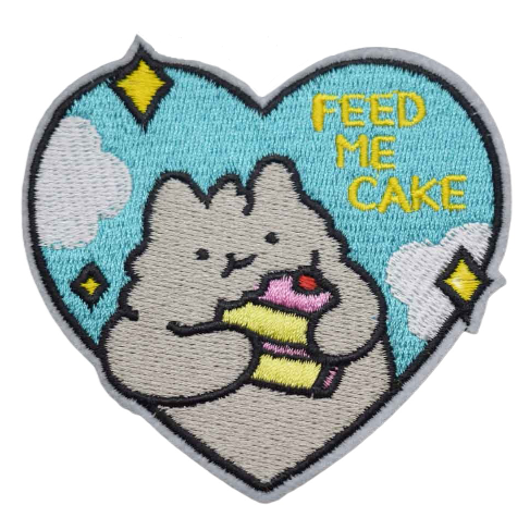 Cute Cat 'Feed Me Cake | Heart Shaped' Embroidered Patch