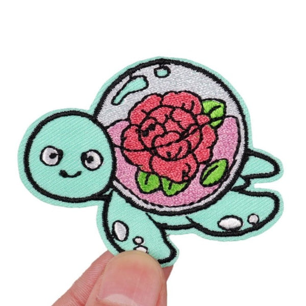 Cute Tortoise 'Flower Aquarium' Embroidered Patch