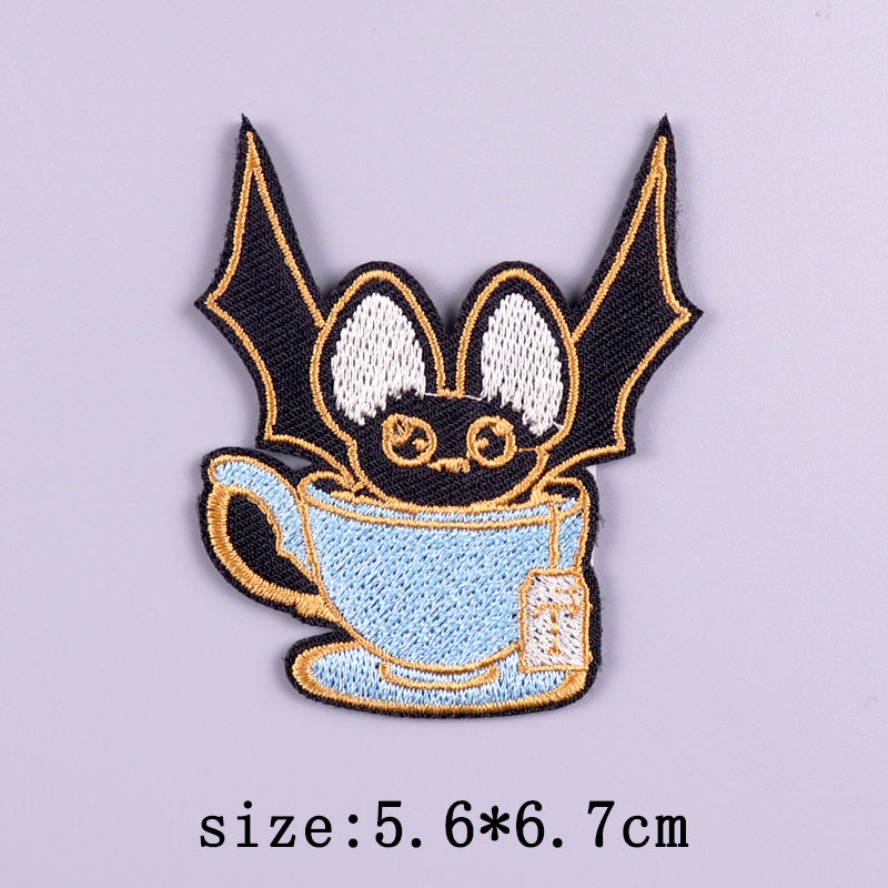 Cute 'Bat In A Tea Cup' Embroidered Velcro Patch