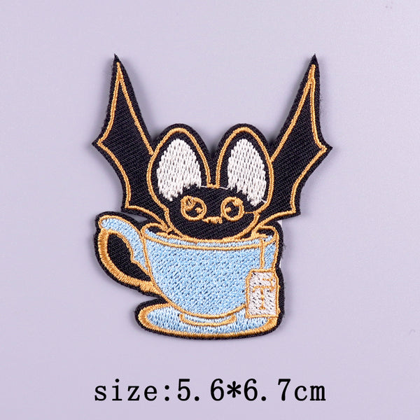 Cute 'Bat In A Tea Cup' Embroidered Velcro Patch