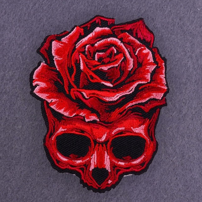 Red Rose Skull Embroidered Patch