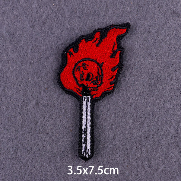 Cool 'Flaming Skull On Stick' Embroidered Patch