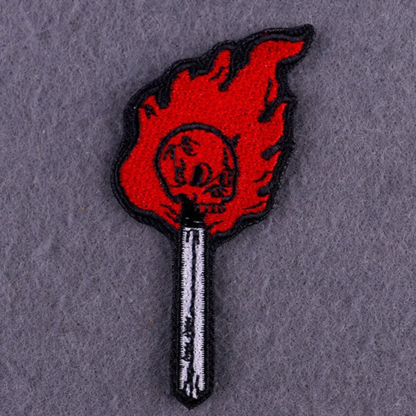 Cool 'Flaming Skull On Stick' Embroidered Patch