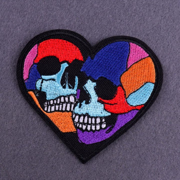 Heart Shaped 'Two Colorful Skulls' Embroidered Patch