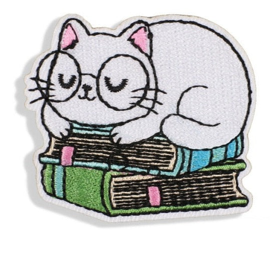 Cute Cat 'Nerdy | White | Books' Embroidered Patch