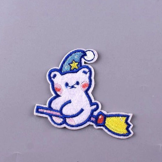 Cute 'Bear Riding Broom' Embroidered Patch