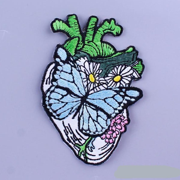 Anatomical Human Heart 'Butterfly & Daisy' Embroidered Patch