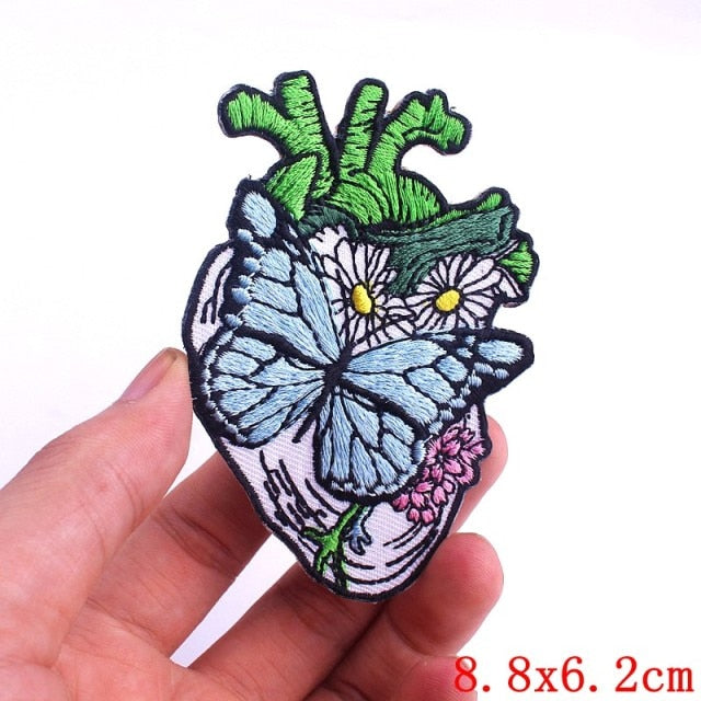 Anatomical Human Heart 'Butterfly & Daisy' Embroidered Patch
