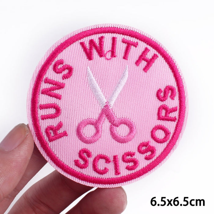 Cute Pink 'Runs With Scissors' Embroidered Patch