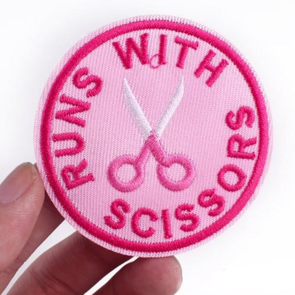 Cute Pink 'Runs With Scissors' Embroidered Patch