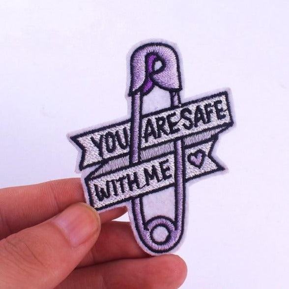Purple Safety Pin 'You Are Safe With Me' Embroidered Patch