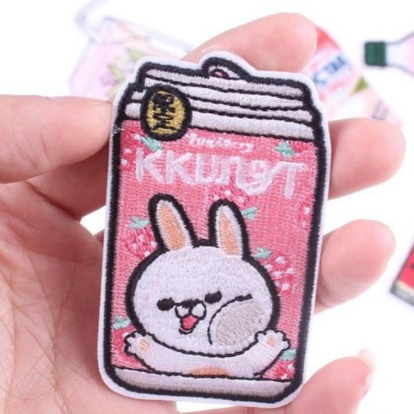 Strawberry Milk Bunny In Can Embroidered Patch