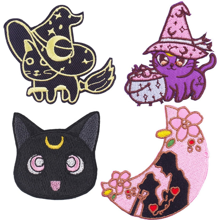 Cute Witch Cat 'Black and Gold' Embroidered Patch