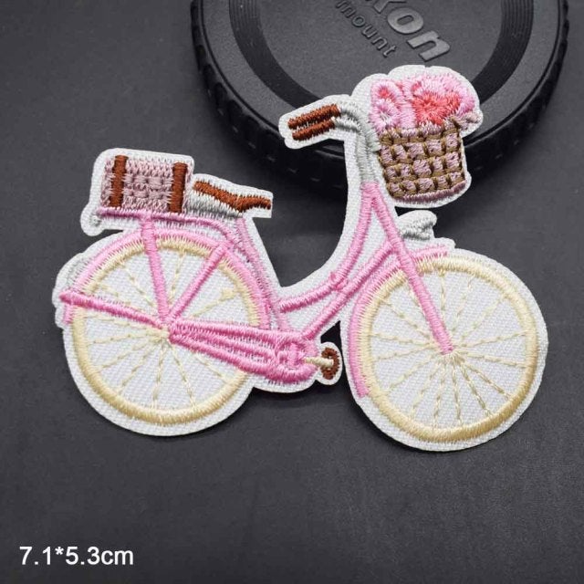 Cute Pink Bicycle 'Flowers' Embroidered Patch