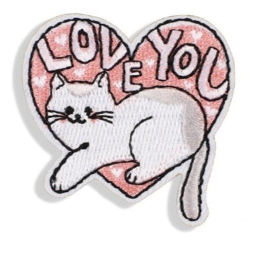 Cute Cat 'White | Love You | Heart' Embroidered Patch